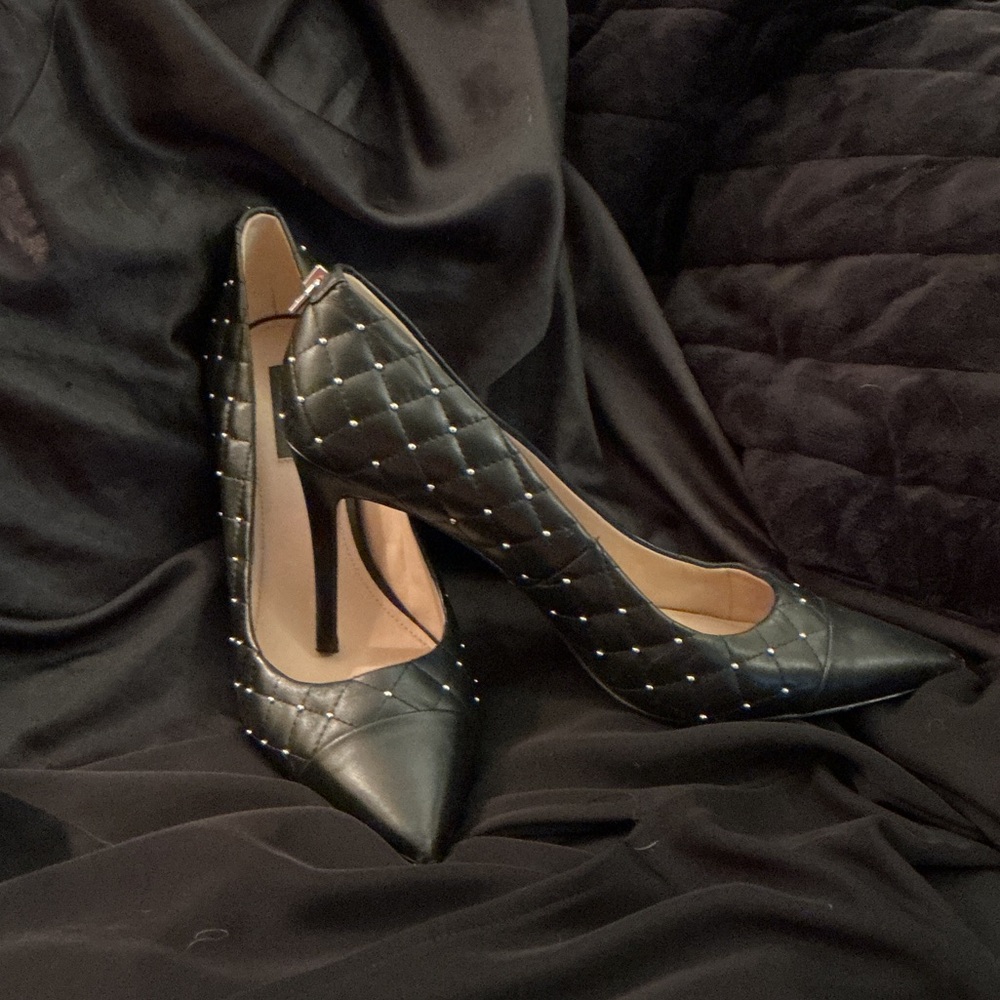DKNY Black Quilted Pointed-Toe Stiletto Heels with Stud Accents